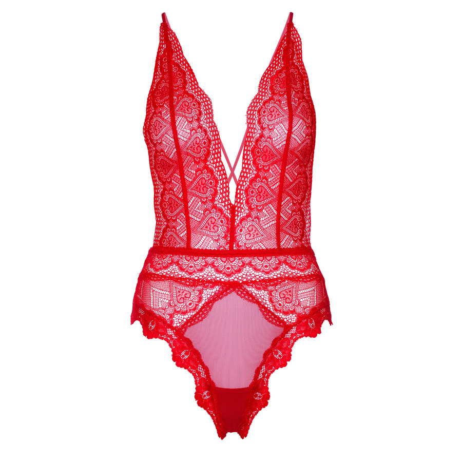 Daring Intimates - Deep-V Lace Teddy Red Lingerie