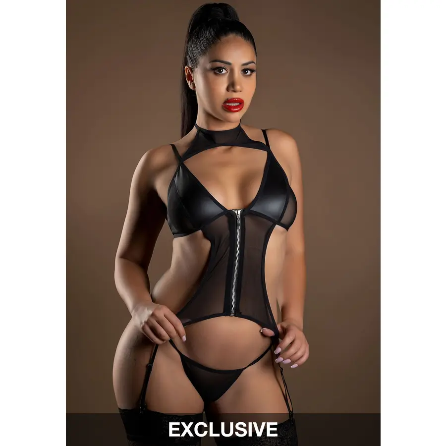 Daring Intimates - Naughty Whispers Wetlook Zipper Cami Jarretel Set Lingerie