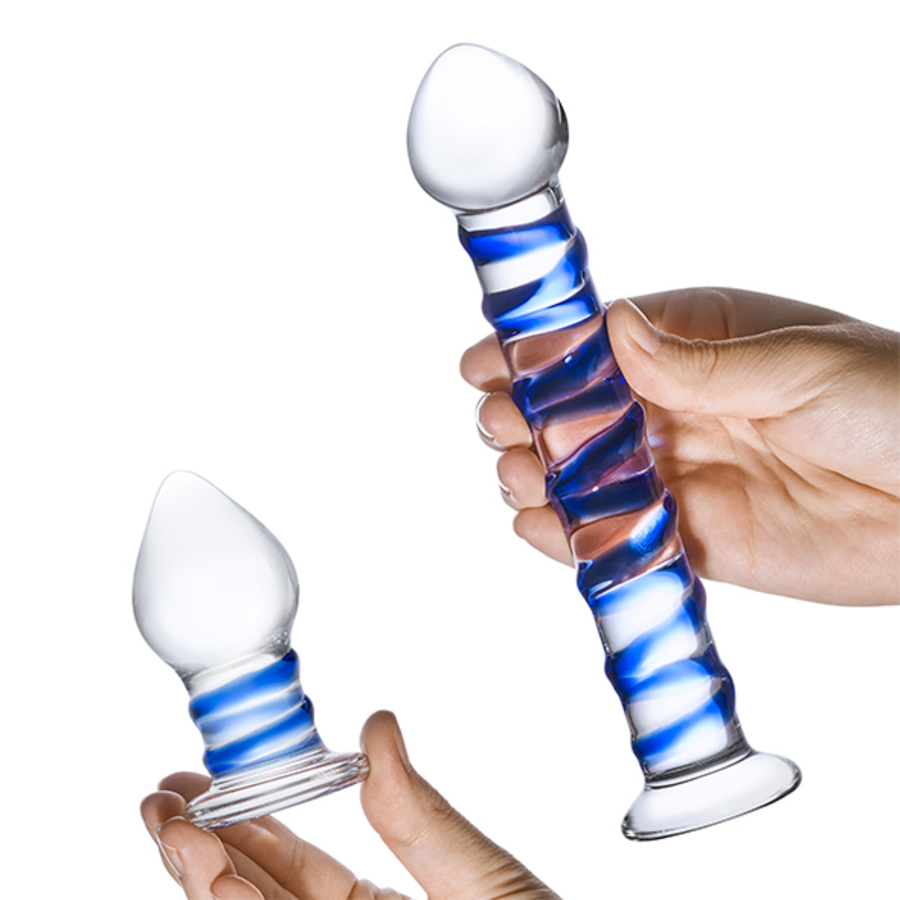 Glas - Double Penetration Glass Swirly Dildo & Butt Plug Set Toys for Her